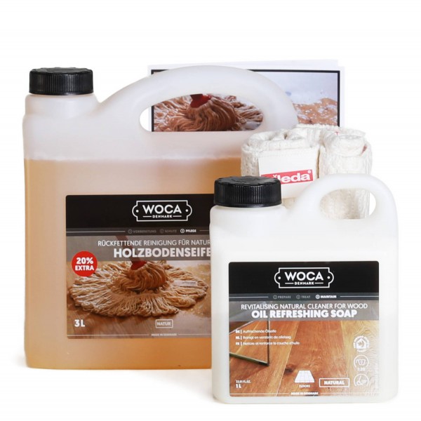 3l Holzbodenseife natur mit Ölrefresher (1l) und Bodentuch